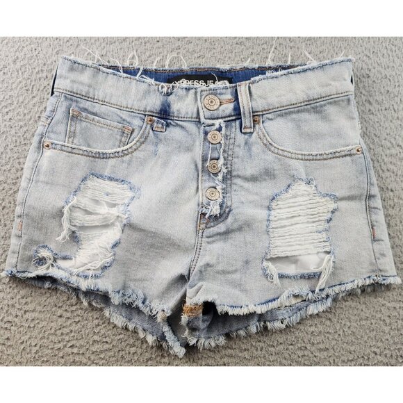 Women's Size 2 Blue Hot Pants Stretch Shorts Raw Hem Button Fly Booty Summer - Picture 2 of 10